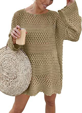 Woven round neck hollow beach cover-up sweater with bell sleeves in khaki.