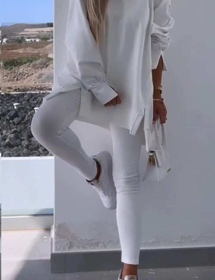 Women's white hooded sweatshirt and tights two-piece set, European street fashion style.