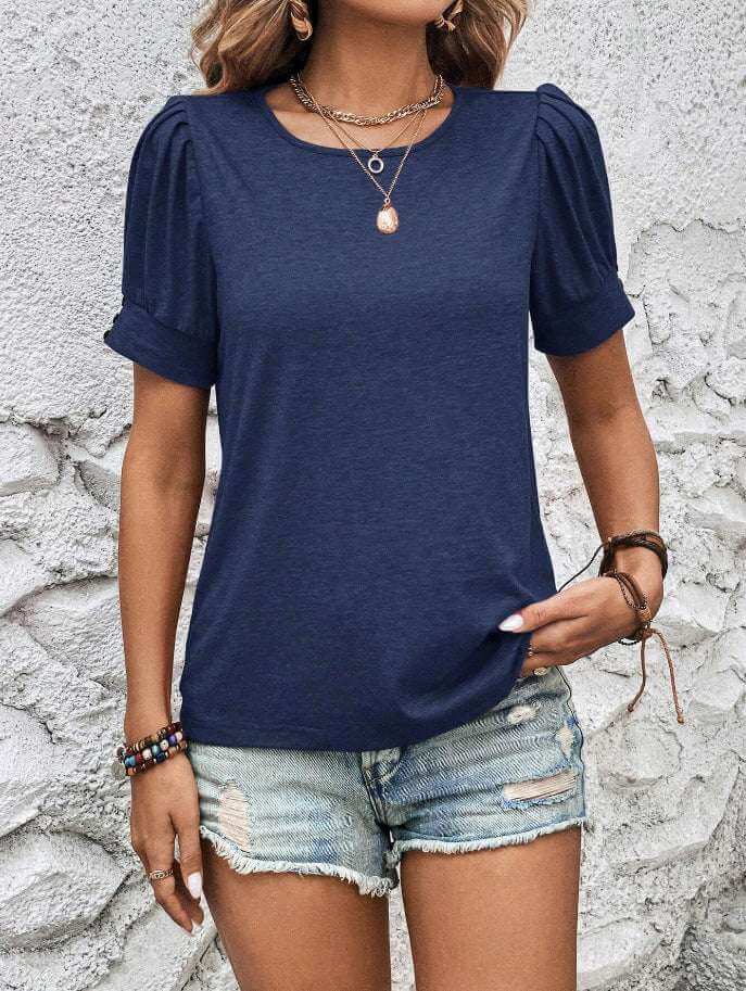 Women's Casual Round Neck Loose Fastener Decoration Short Sleeve