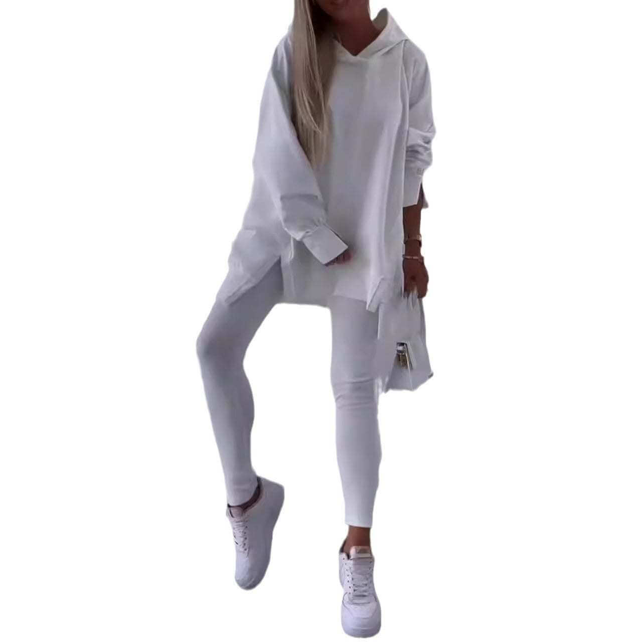 Women's white hooded sweatshirt and tights two-piece set, street fashion style.