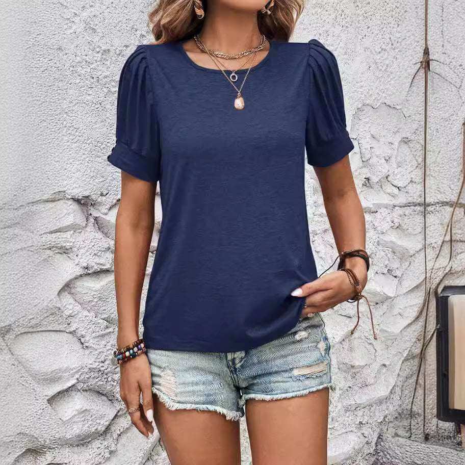 Women's Casual Round Neck Loose Fastener Decoration Short Sleeve