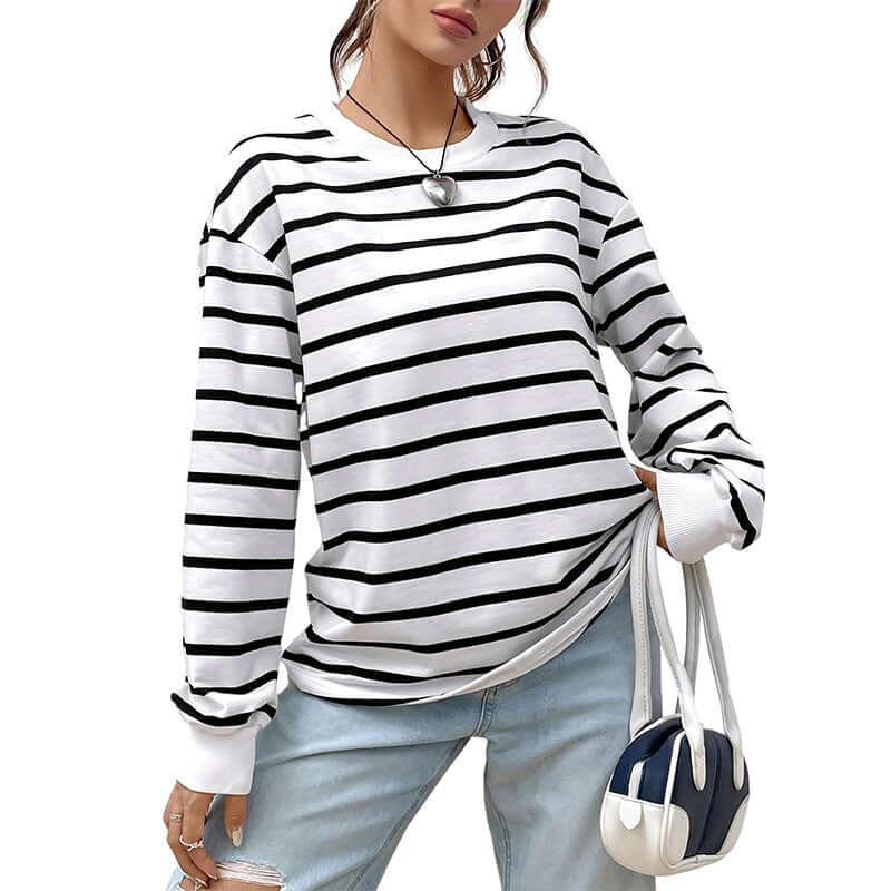 Women's casual loose round neck vintage striped long-sleeved T-shirt in white.