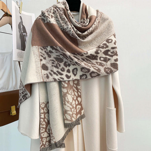 Autumn winter leopard print color-blocking shawl scarf in soft imitation cashmere fabric, perfect for warmth.