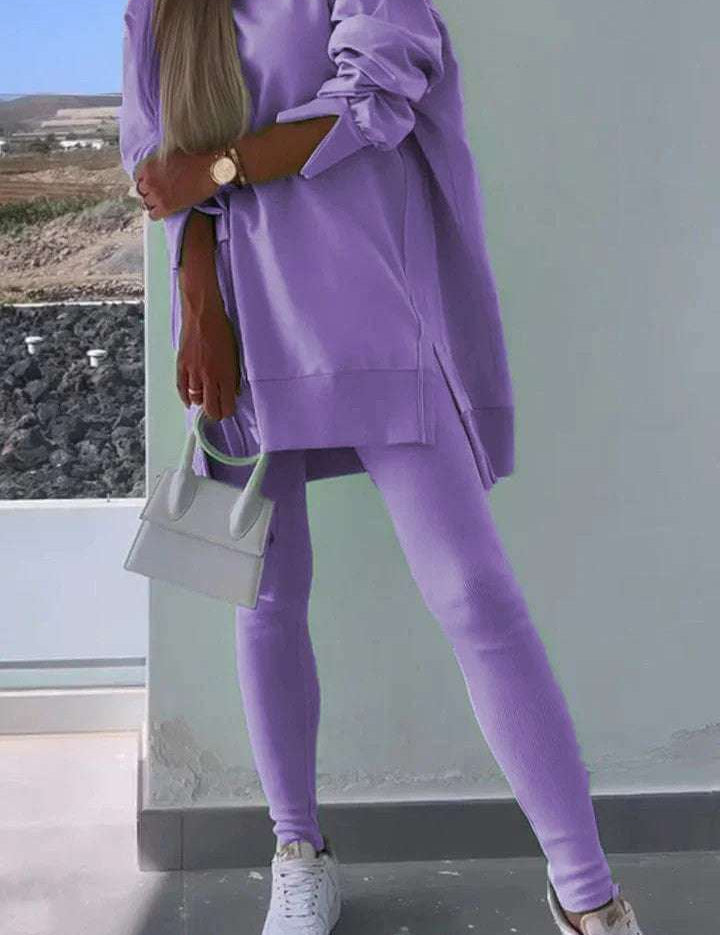 Women's sports casual hooded sweatshirt tights set in purple, long sleeve, street fashion style.