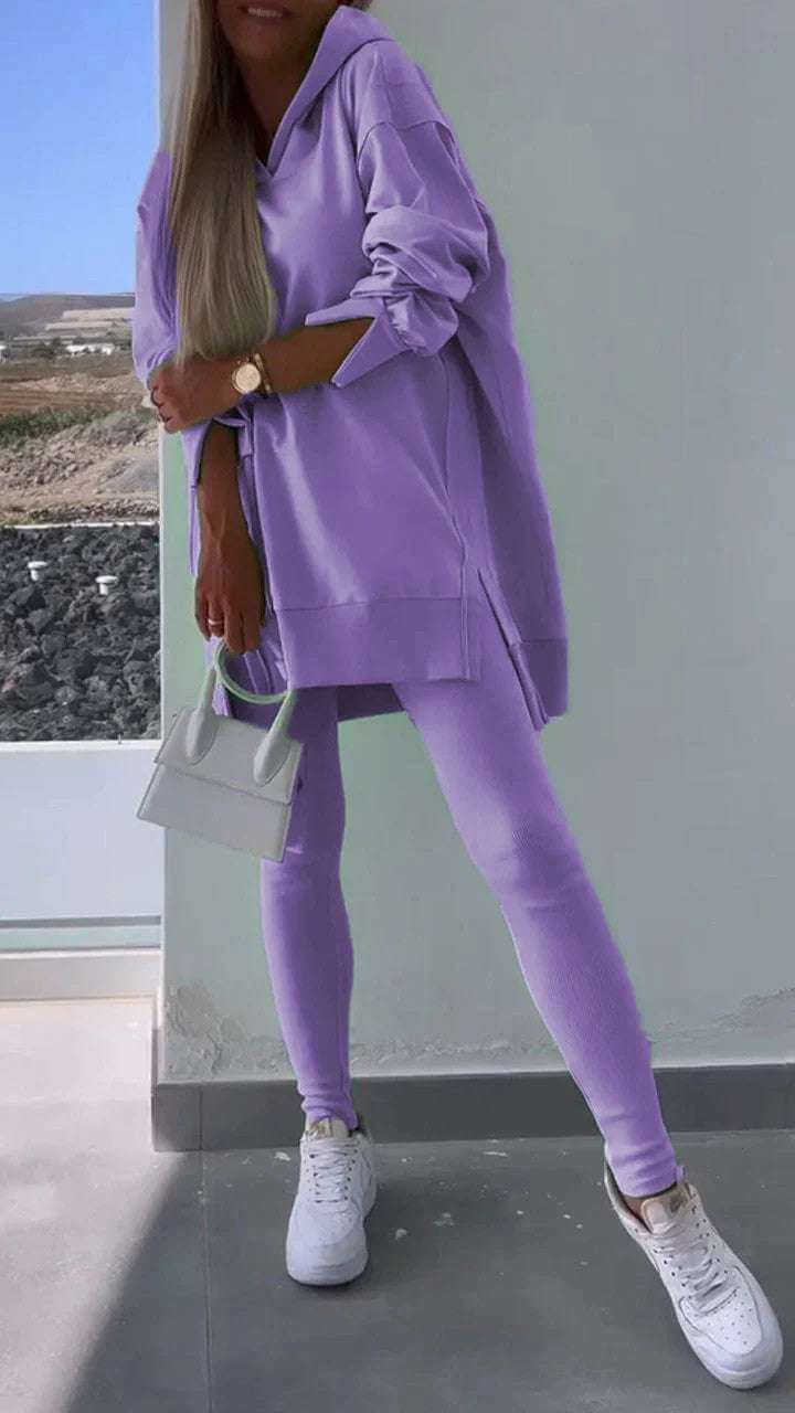 Women's sports casual hooded sweatshirt tights set in purple, long sleeve, street fashion style.