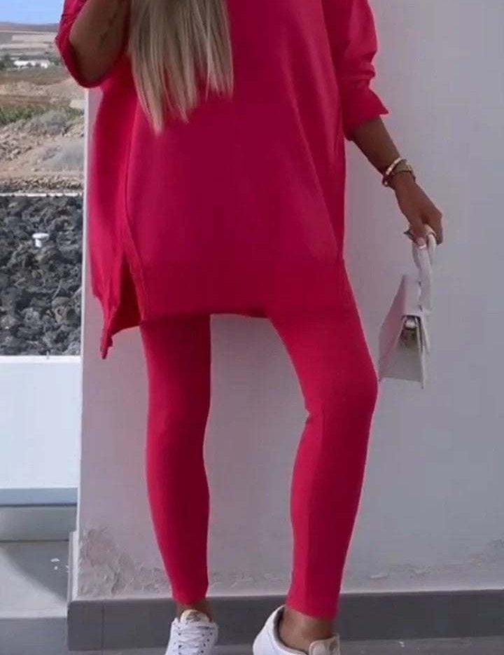 Women's casual hooded sweatshirt tights set in pink, street fashion style.