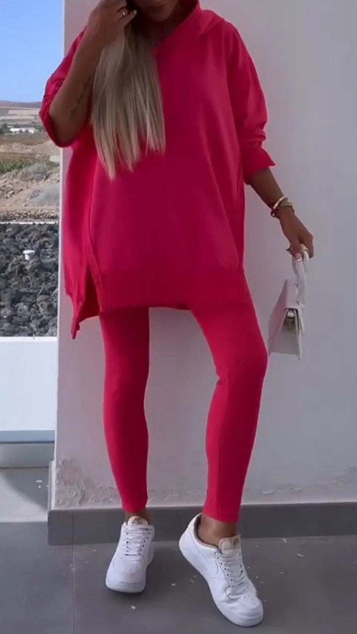 Women's casual hooded sweatshirt tights set in pink, street fashion style.