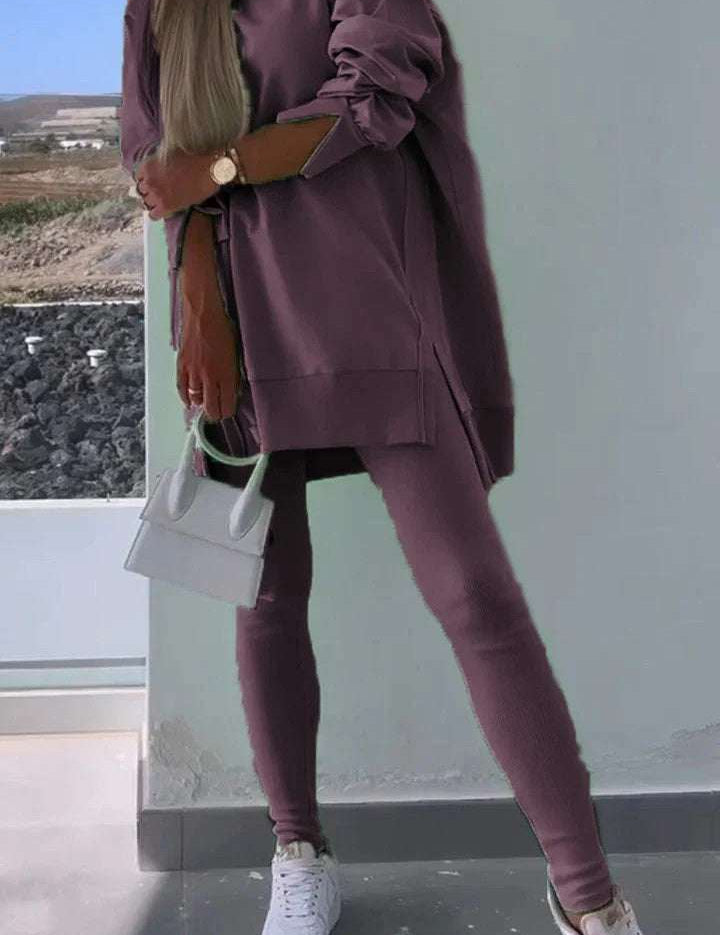 Women's hooded sweatshirt tights set in purple, European style fashion outfit.