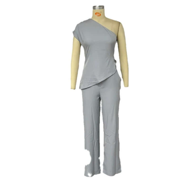 American Diagonal Collar Sleeveless Top with High Waist Slim Pants in Gray