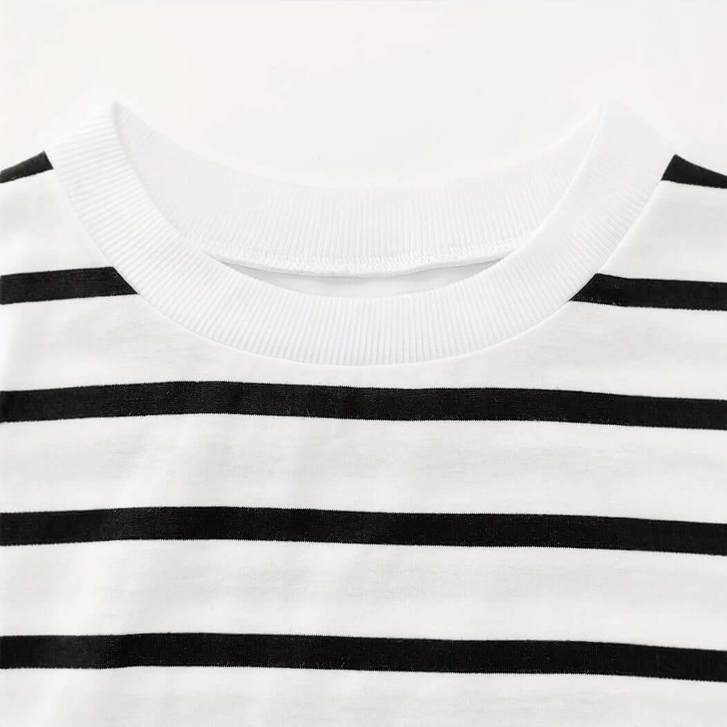 Women's vintage stripe long-sleeved T-shirt in white with black stripes.