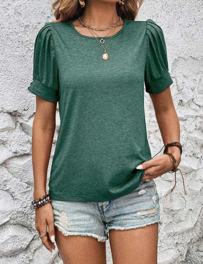 Women's Casual Round Neck Loose Fastener Decoration Short Sleeve