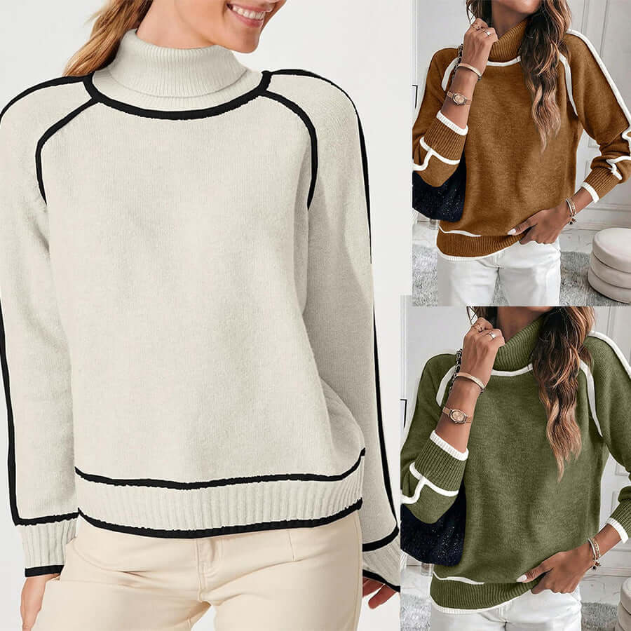 Autumn and winter high-necked casual women's knit top in solid colors: khaki, green, and brown.