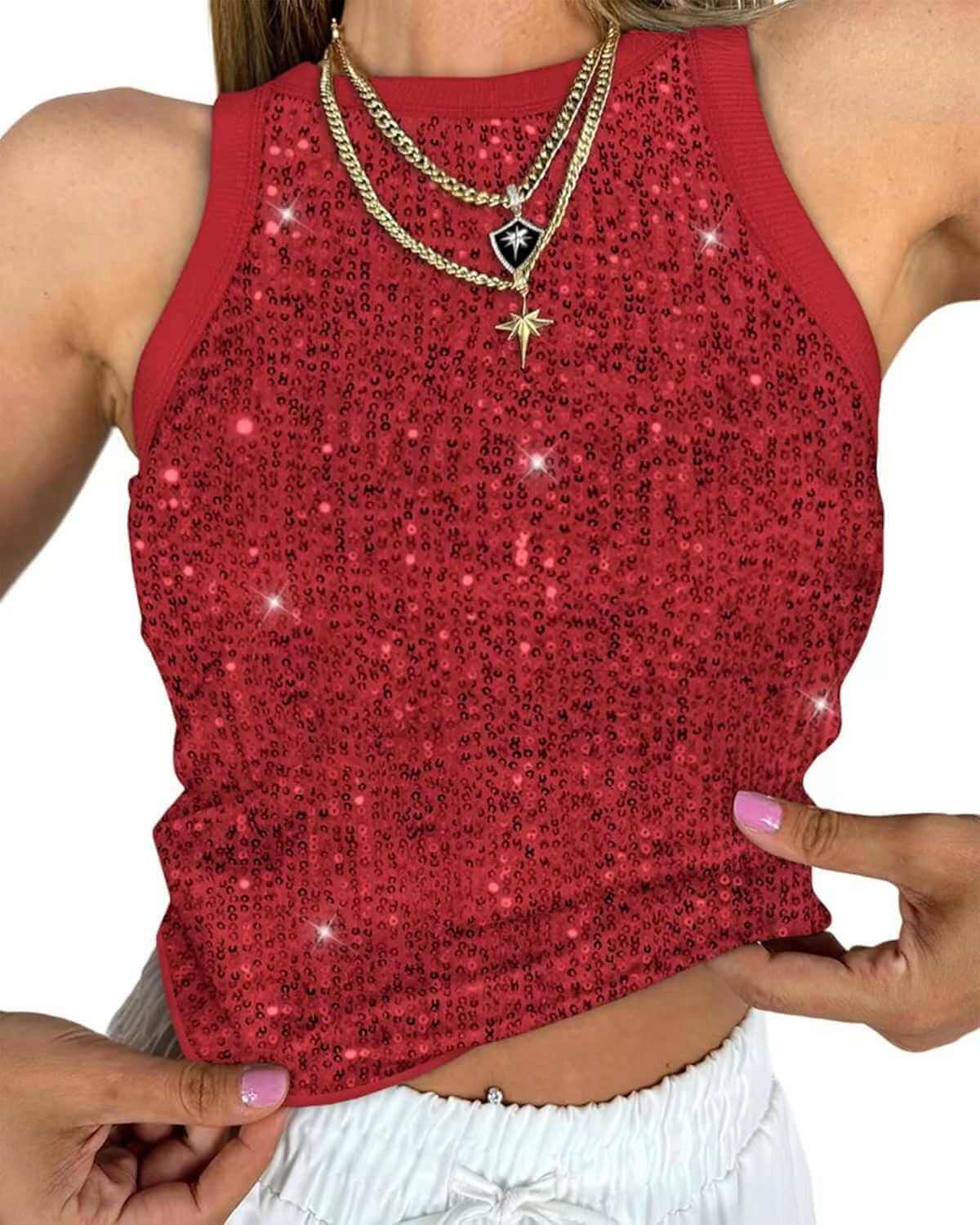 Cropped sleeveless sequin leopard print vest in red with layered necklaces.