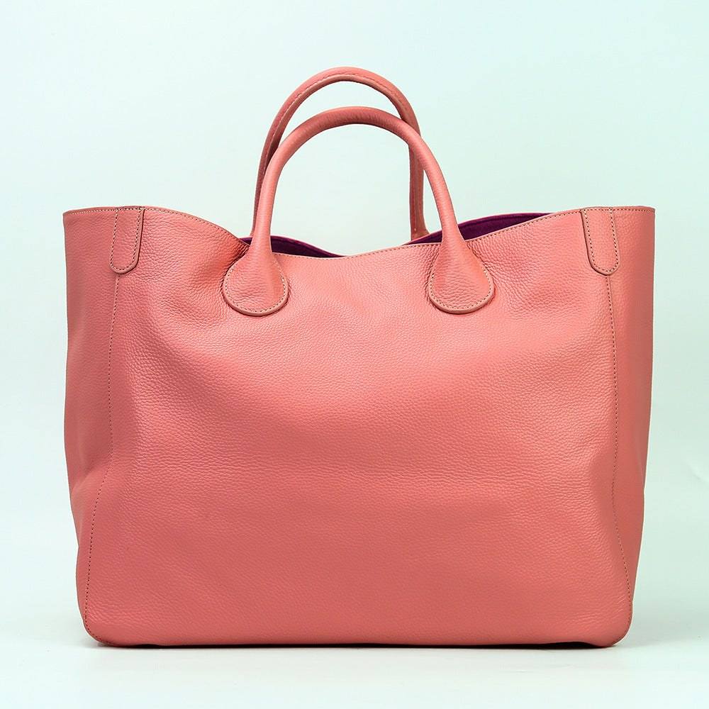 Top layer leather ladies tote bag, hand-held, pink, open design, 41x21x34CM.