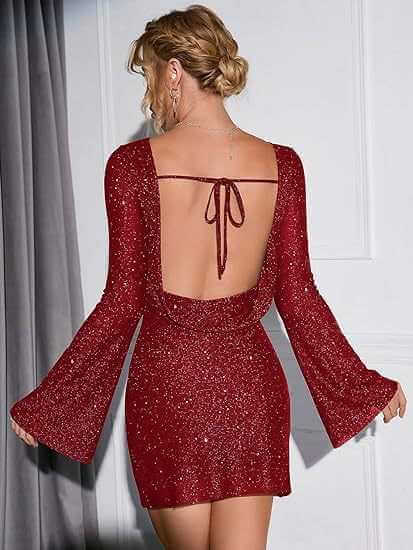 Sparkling red sequin backless bodycon dress with long sleeves and lace-up design for parties.