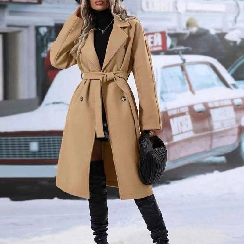 Women's double-breasted trench coat with belt, long-sleeved, khaki color, stylish winter outwear.