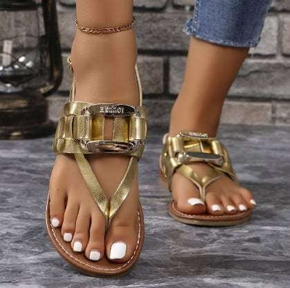 Plus size gold flip-toe sandals for women, T-shaped buckle, metal decor.