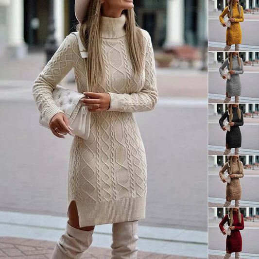 Women's turtleneck knitted dress with slit design in multiple solid colors, winter warm pullover sweater.