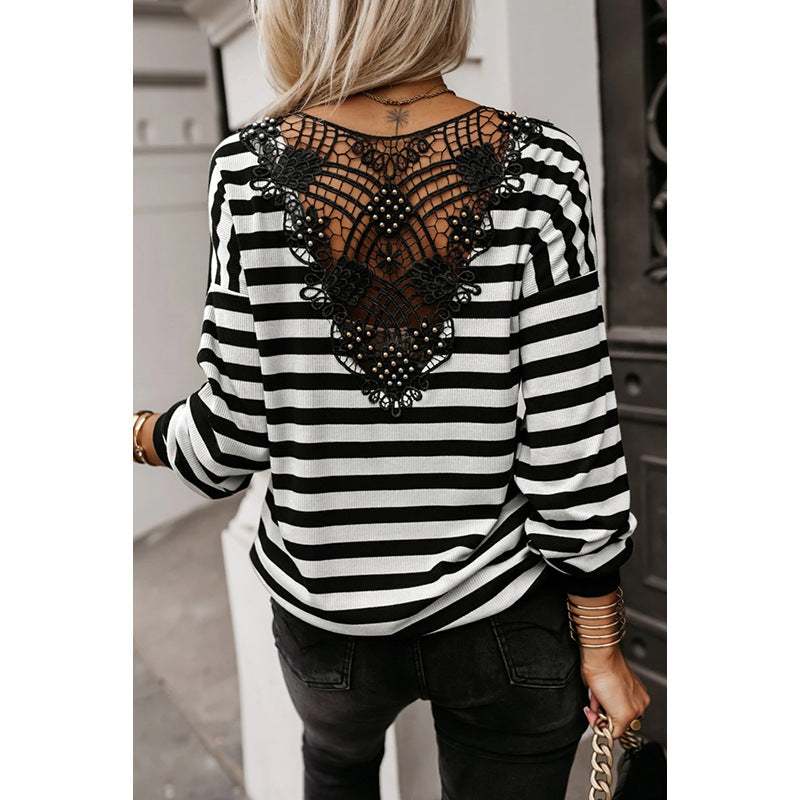 Striped Contrast Color Pullover Knitwear Back Lace Top