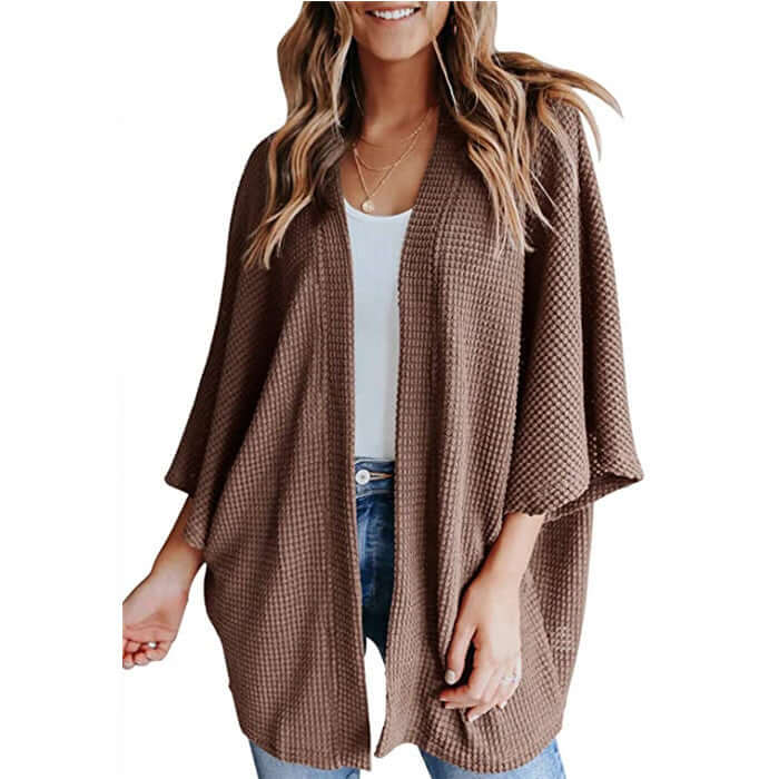 Bat Sleeve Waffle Gerson Women's Cardigan, brown, V-neck, medium length, loose fit.