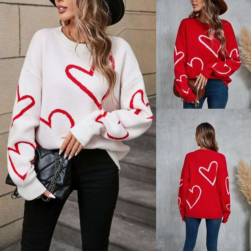 Valentine's Day pullover sweater with big peach heart design in contrast color, available in white and red, medium thickness, long sleeves, acrylic fiber.