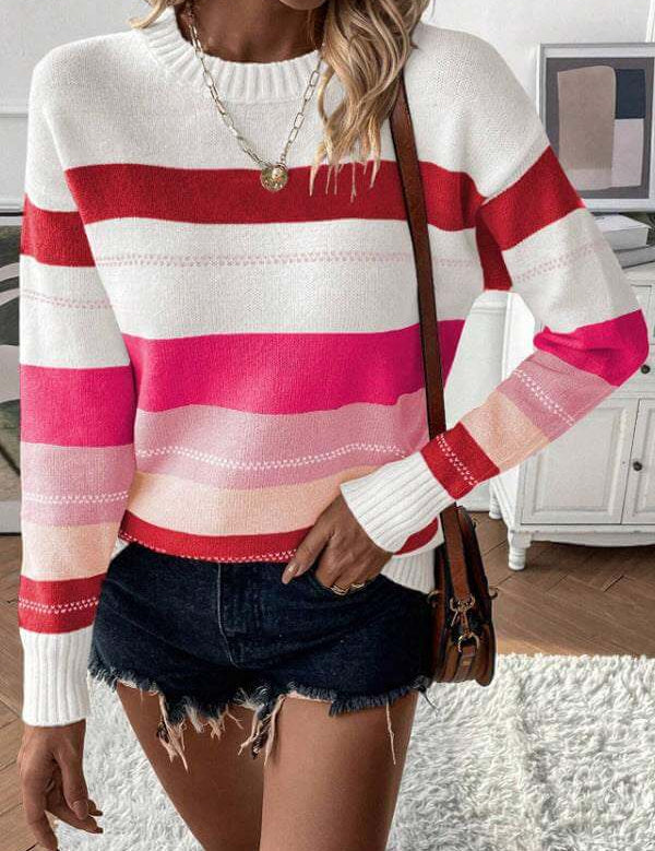 Casual contrast color striped knitted long sleeve sweater in pink and white tones.