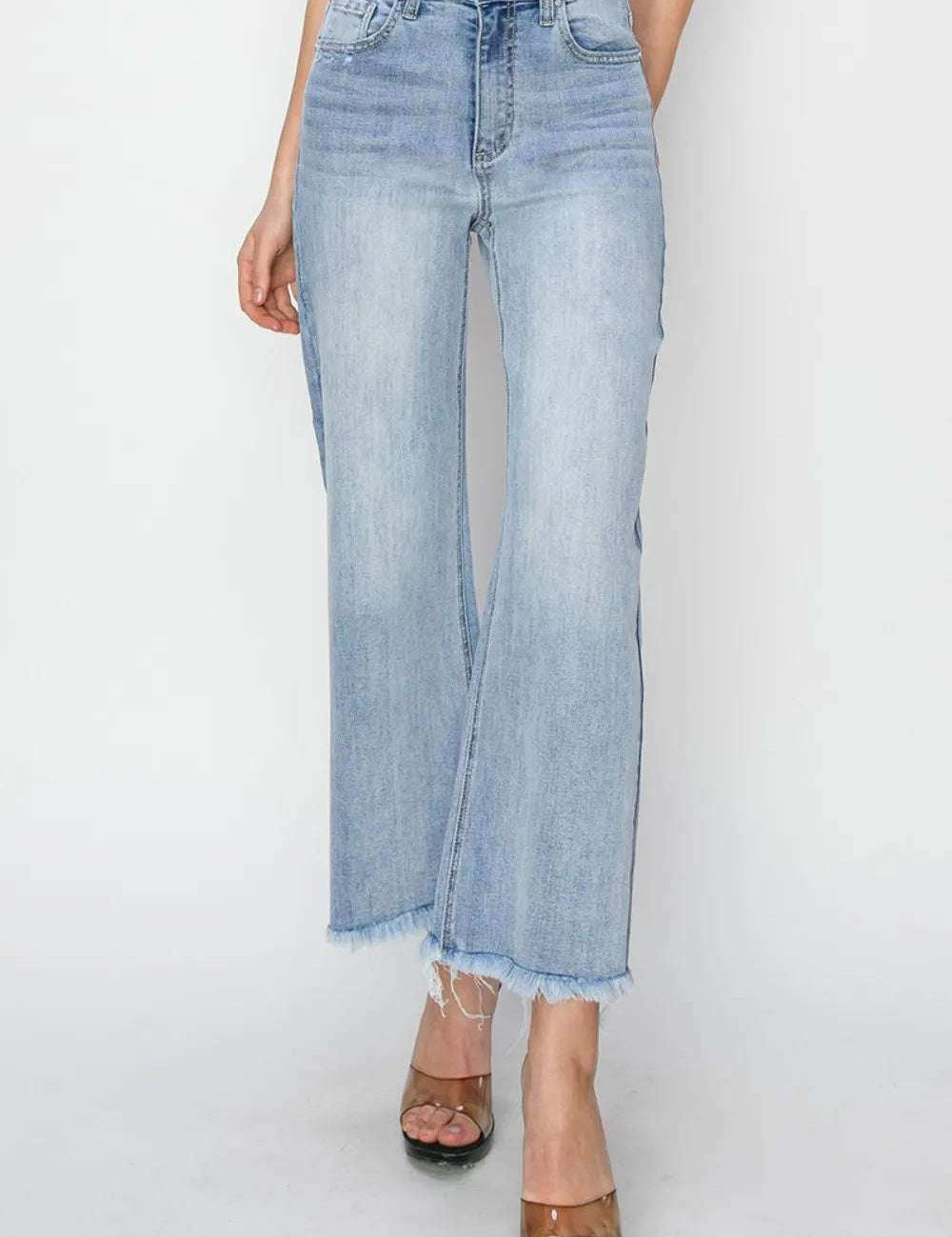 RISEN High Rise Crop Wide Fray Hem Jeans