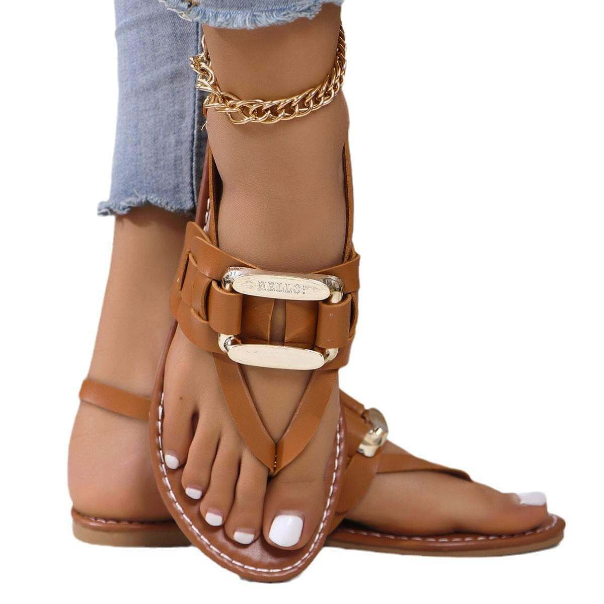 Plus size flip-toe sandals for women, brown T-shaped buckle design with metal accents.