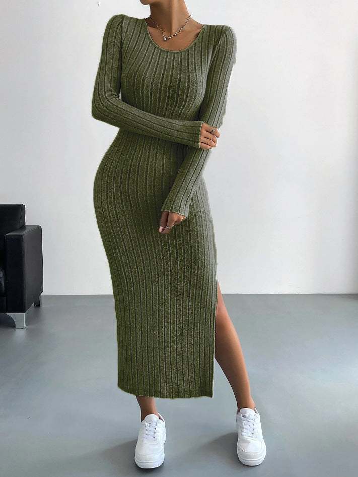 Full length knit ladies dress in Army Green, ribbed design, elegant style, women's clothing.