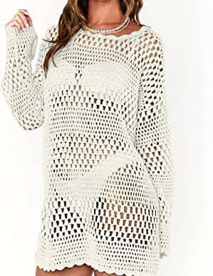 Woven Round Neck Hollow Beach Cover-up Loose Casual Sweater with Bell Sleeves