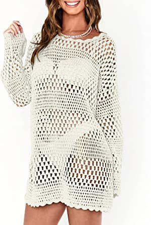 Woven Round Neck Hollow Beach Cover-up Loose Casual Sweater with Bell Sleeves