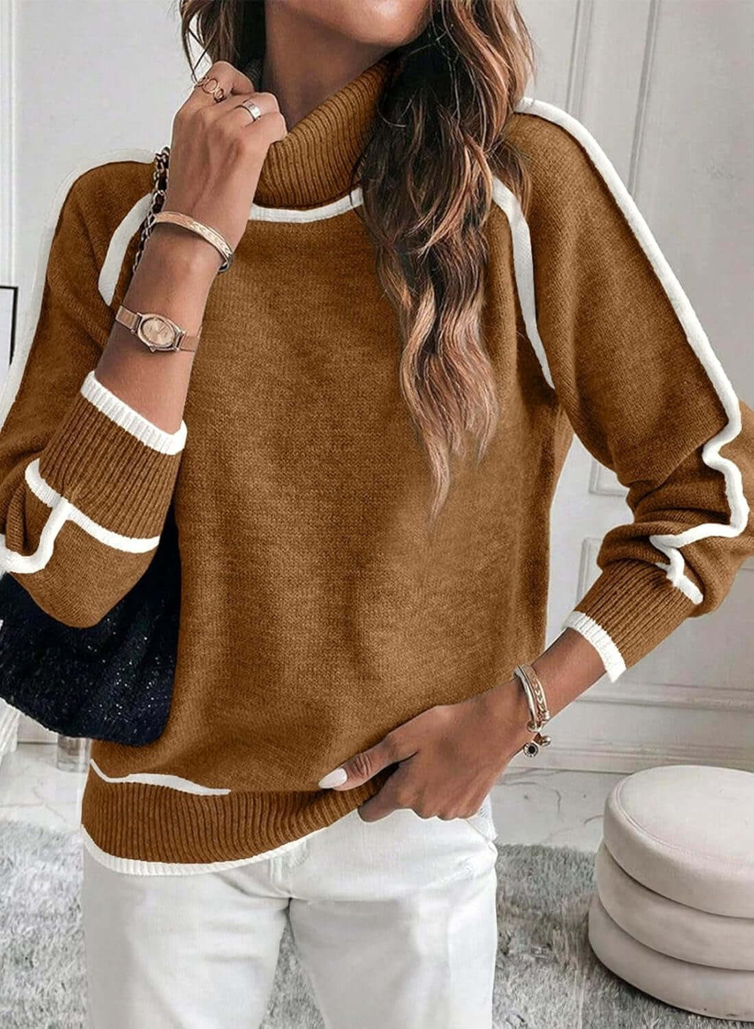 Stylish brown high-necked pullover with white accents, perfect for autumn and winter casual wear.