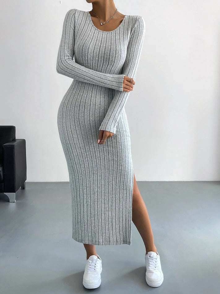 Elegant long-sleeve light gray knitted dress for women, full length, hip-skirt style.