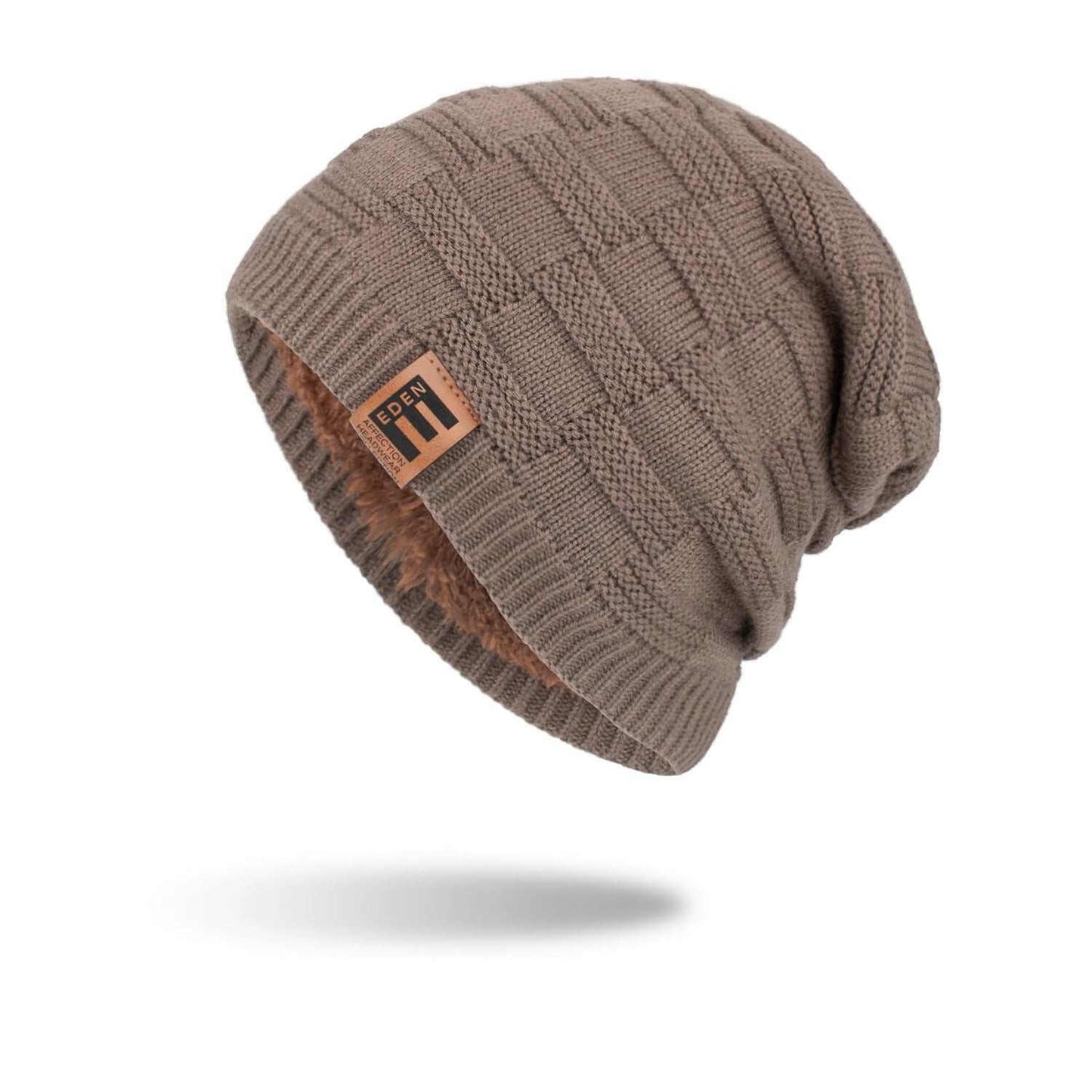 Men's Korean style trendy knitted wool hat in khaki with letter pattern.