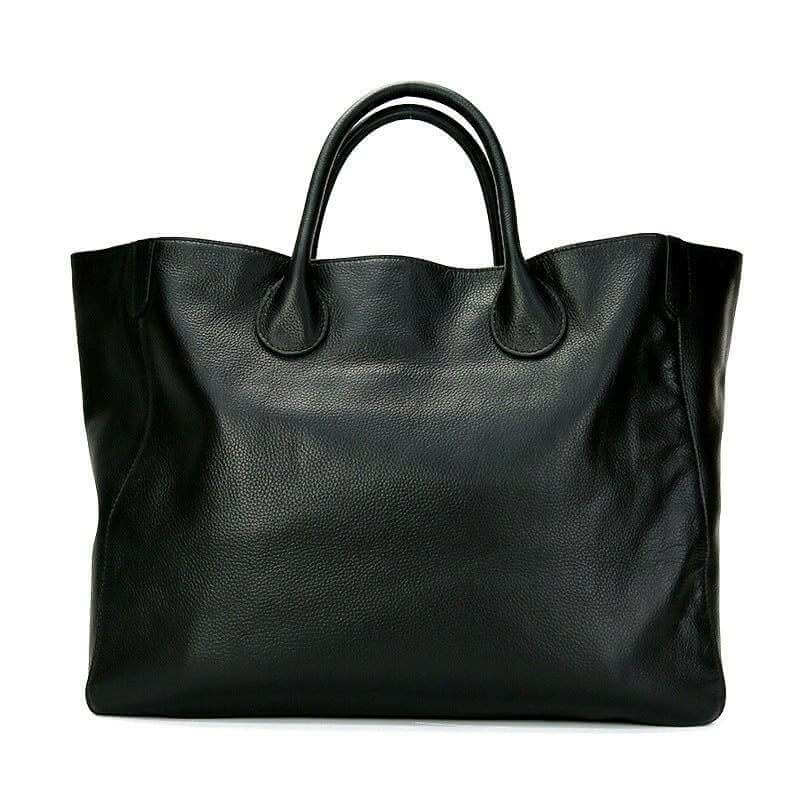 Top layer leather hand-held ladies tote bag with open design and polyester lining.