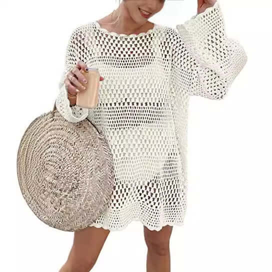 Woven round neck hollow beach cover-up sweater in white with bell sleeves.