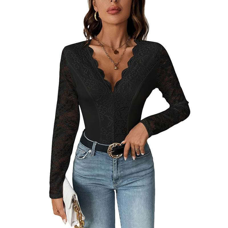 Women's black lace V-neck long sleeve jumpsuit with high waist shorts and medium elasticity.