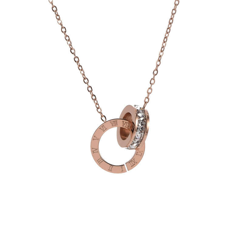 Roman numeral ring diamond titanium steel necklace for women in rose gold.