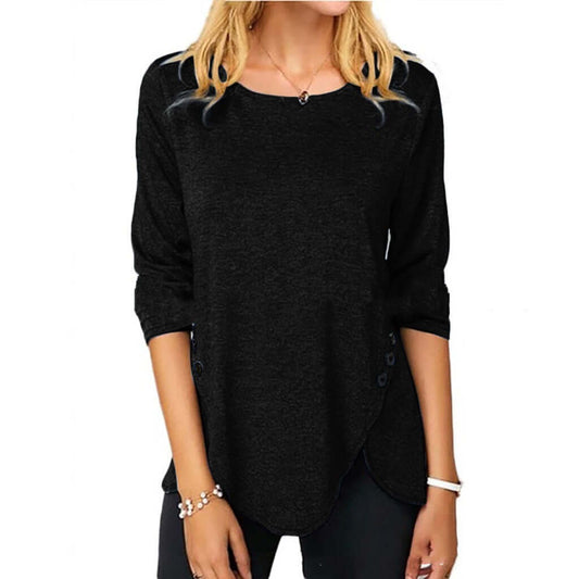 Irregular button hem long sleeved round neck oversized T-shirt in cotton fabric.