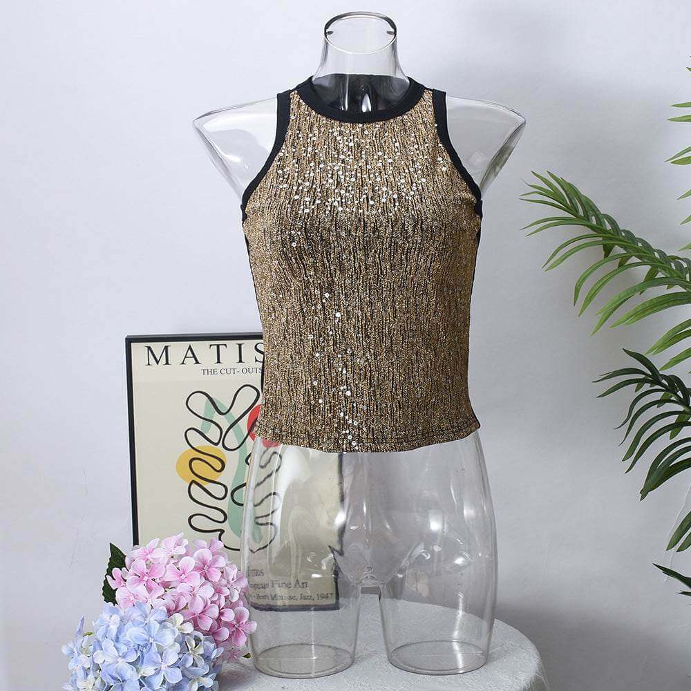 Cropped sequin leopard print vest, sleeveless, street fashion style, front view.