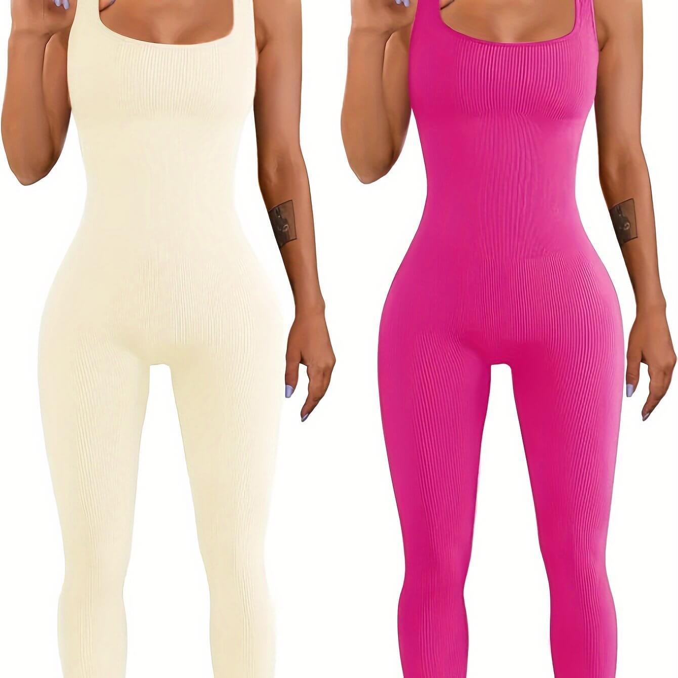 Women's spandex suspender tank top tights in cream and pink colors.