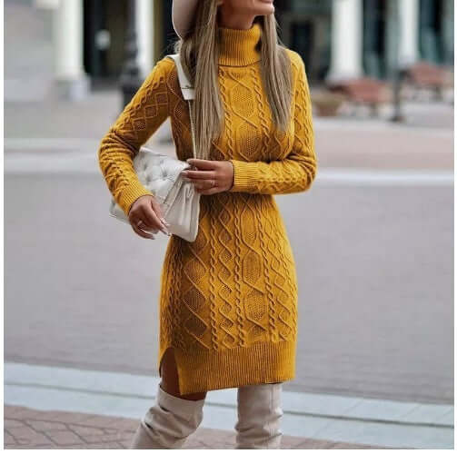 Women wearing a mustard yellow turtleneck knitted dress with slit design, pullover style, winter warm solid color sweater.