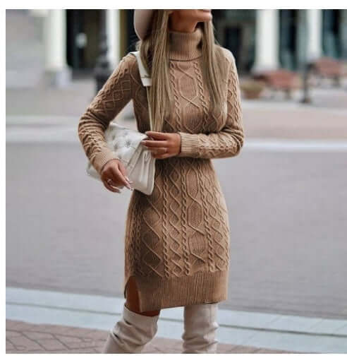 Winter turtleneck knitted dress with slit design, warm solid color long pullover sweater for women.