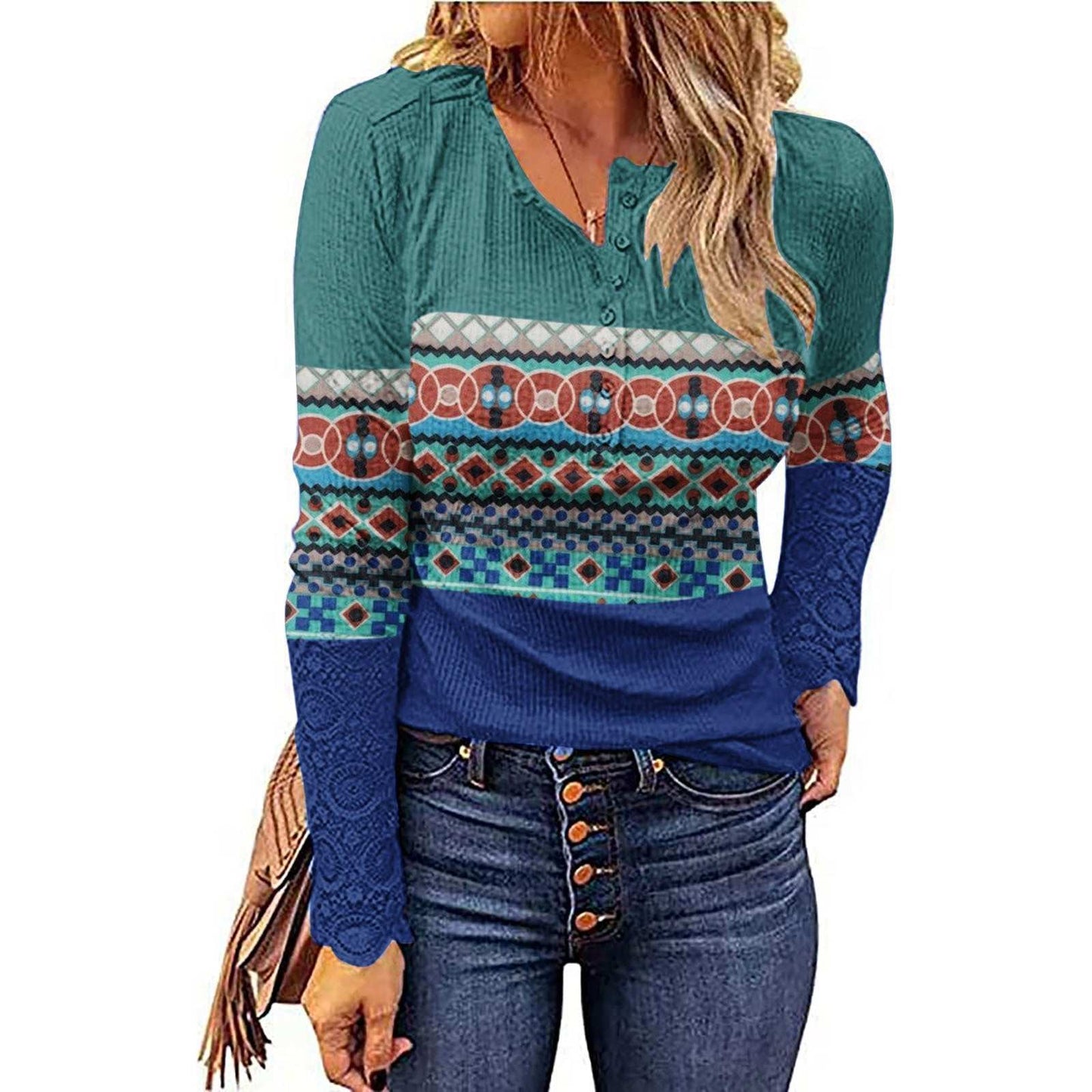 Western European and American style knitwear undercoat with geometric patterns, V-neck, and long sleeves in blue and green tones.