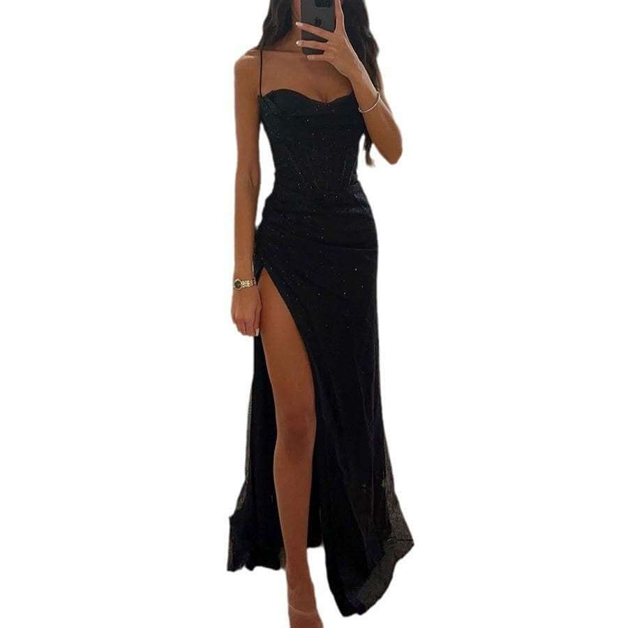 Sleeveless black casual slit dress for women with a long A-line skirt design.