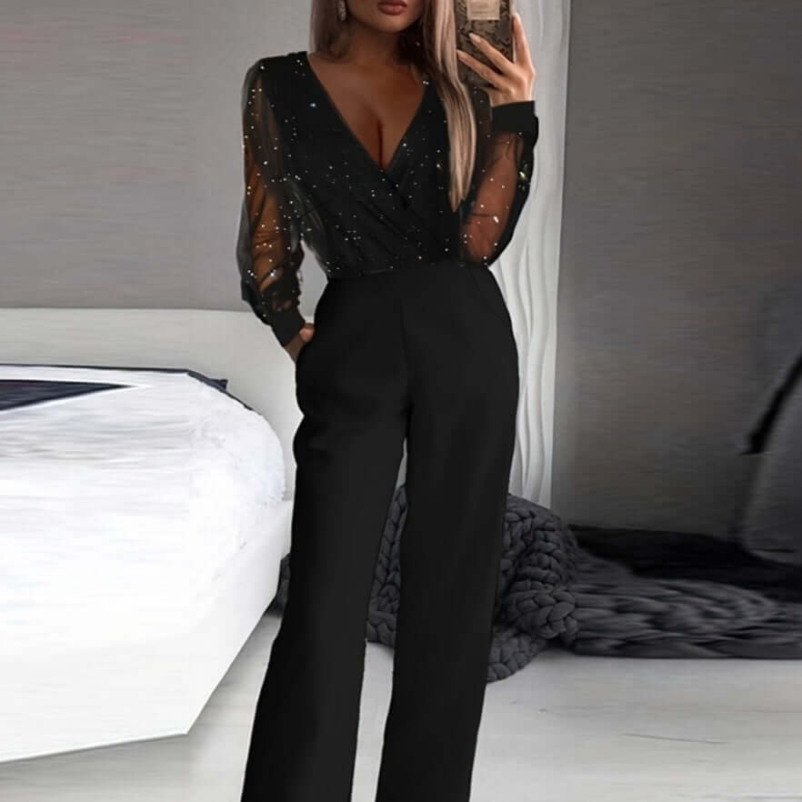 Fashion slim-fit solid color black V-neck mesh stitching high waist pocket jumpsuit.