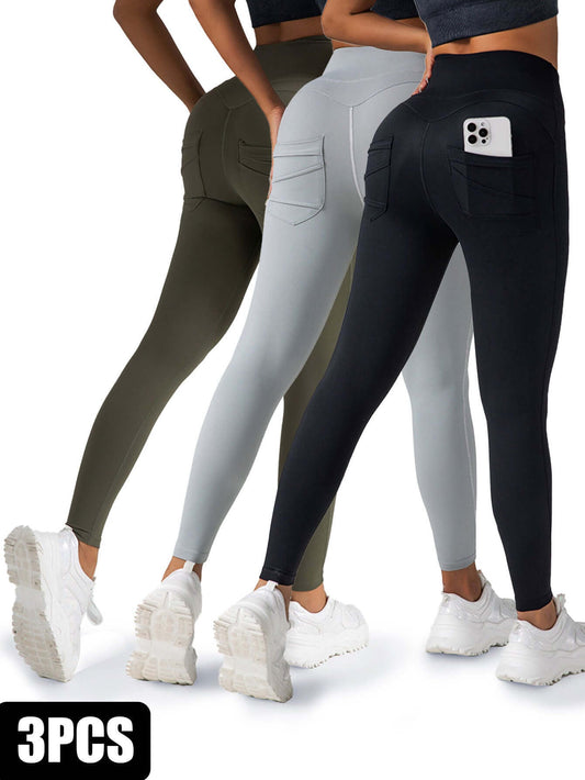 3 pack women's yoga leggings in high waist styles with side pockets, showcasing colors olive, gray, and black.