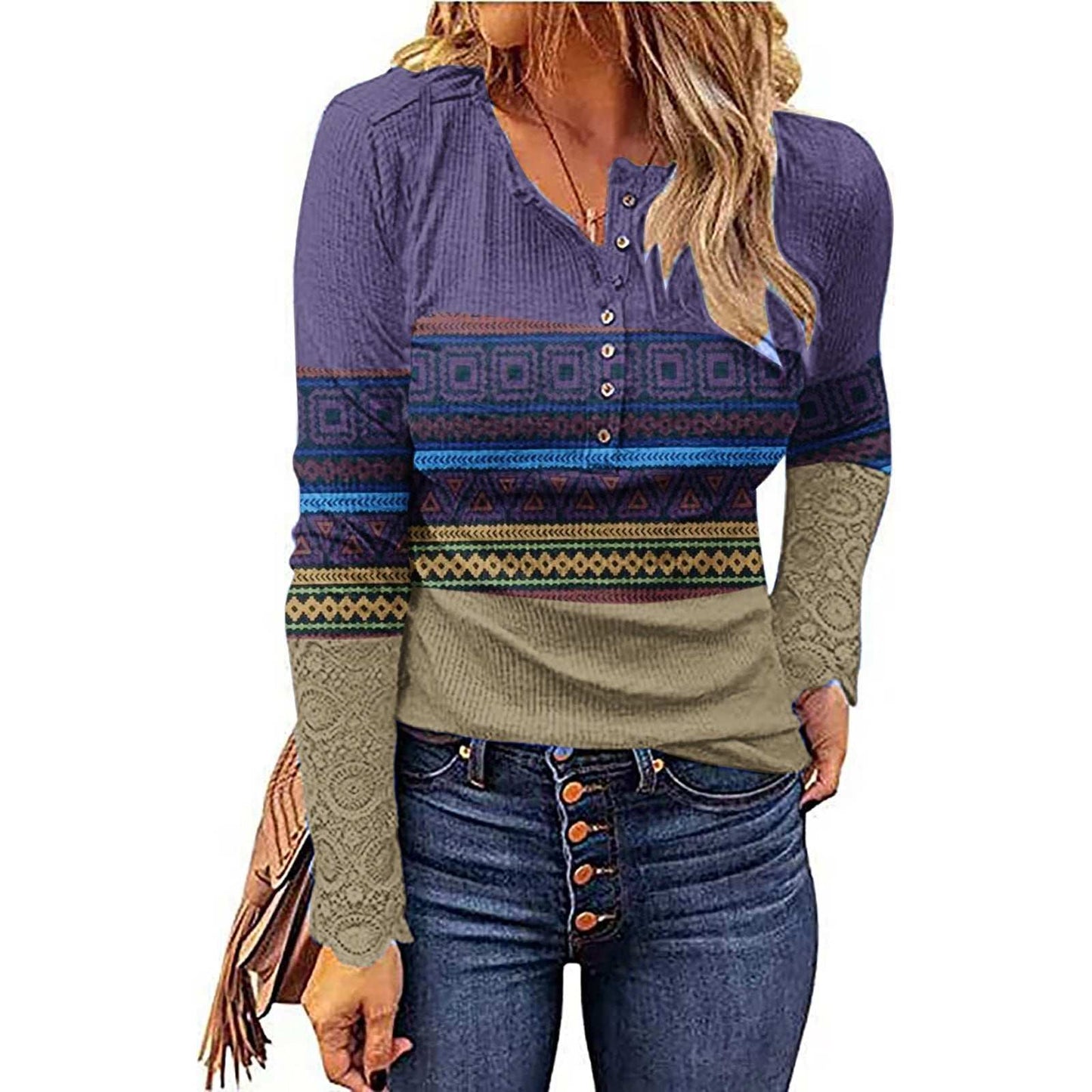 Western European and American style geometric knitwear undercoat in purple-blue with V-neck and long sleeves.