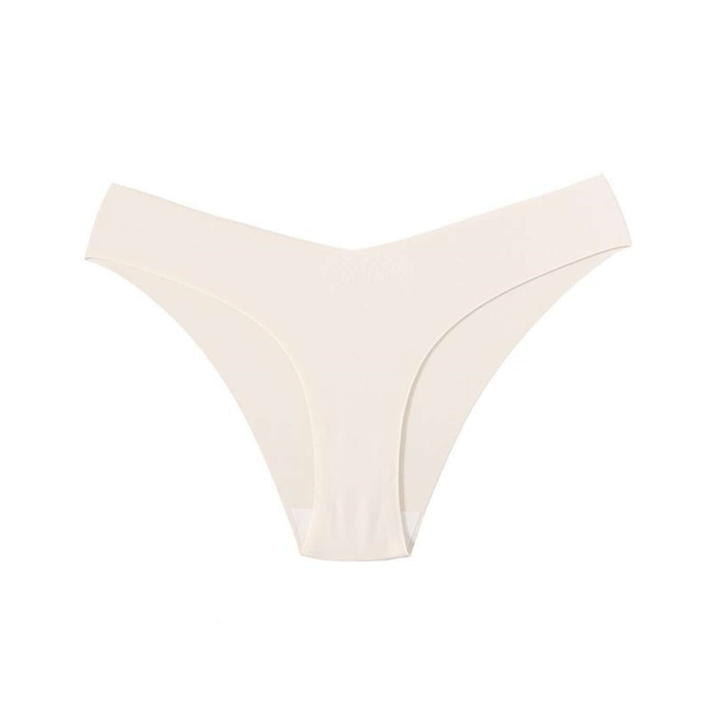 Women's seamless ice silk panties with V-shaped waistband in beige.