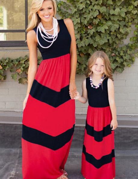 Women's parent-child sleeveless dresses in red and black with large swing skirts.